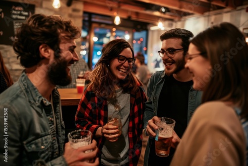 Group of friends having fun together in a pub, drinking beer and laughing