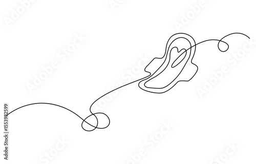 One continuous line drawing of sanitary napkin and pad. Menstruation cycle and menstrual calendar concept in simple linear style. Hygienic absorbent in Editable stroke.  Hand drawn one line vector.