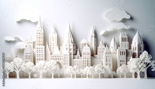 Intricate paper-cut cityscape; white buildings, trees, and clouds against a minimalist background, creating a delicate, three-dimensional effect
