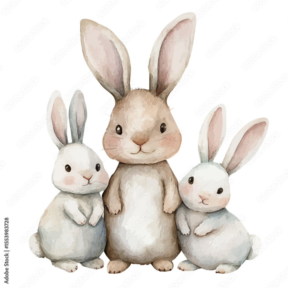 Fototapeta premium Bunny Figurines, watercolor illustration vector, isolated on a white background.
