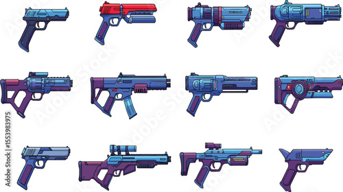 Set of Futuristic Pistols with Different Designs, Ideal for Gaming or Sci-Fi Illustration