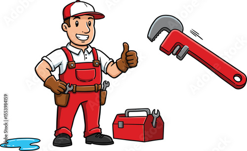 Handyman with Tool Box and Wrench, Ideal for Repair or Service Illustration
