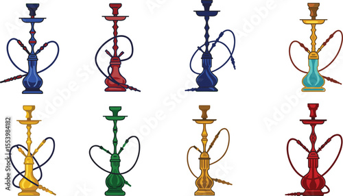 Set of Colorful Hookahs with Different Designs, Ideal for Leisure or Social Event Illustration