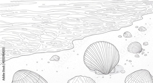Beach Scene with Shells and Ocean Waves in Line Art Style