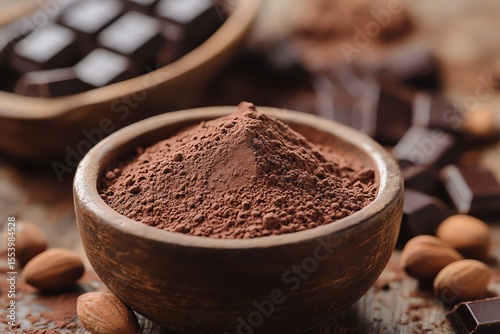 Rich Cocoa Powder in Wooden Bowl with Dark Chocolate and Almonds on Rustic Surface