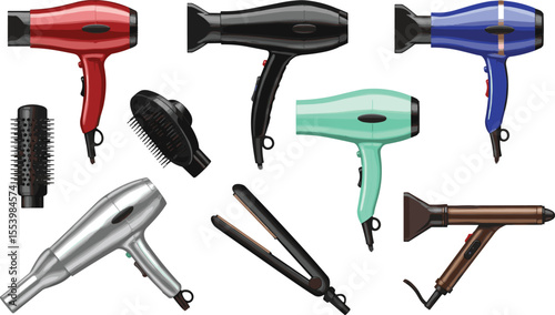 Assorted Hair Dryers and Accessories with Different Colors and Designs, Ideal for Salon or Beauty Illustration