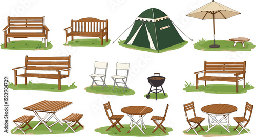 A vector collection of garden furniture and camping gear, with wooden benches, picnic tables, folding chairs, a tent, and a barbecue grill, isolated.
