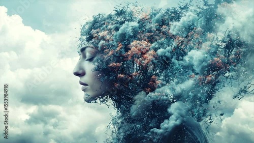 Serene female profile merging with a stormy, tree-like cloud formation