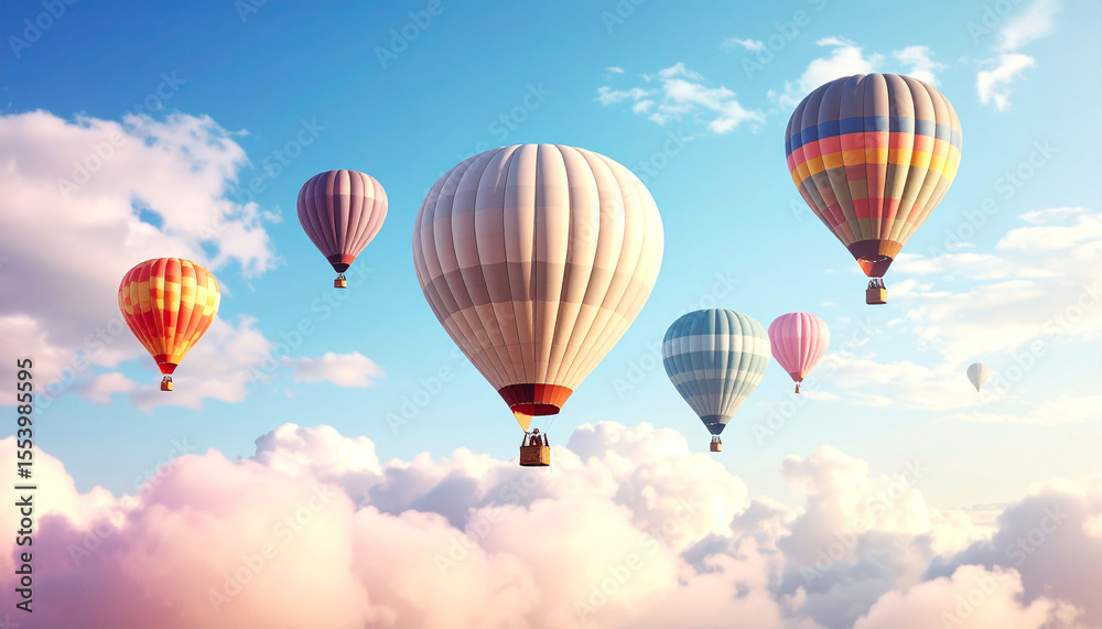 Obraz premium Vibrant hot air balloons ascend amidst fluffy pastel clouds under a brilliant blue sky, bathed in warm sunlight