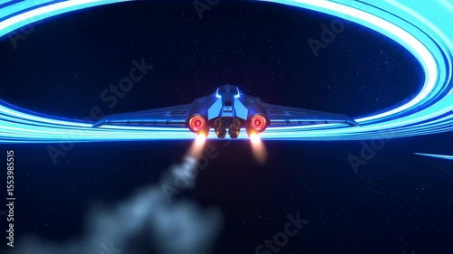 Futuristic aircraft soars through luminous blue ring amidst vast starscape backdrop