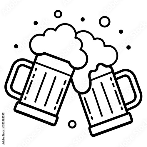 Two Beer Mugs Clinking Together in a Toast Line Art Illustration