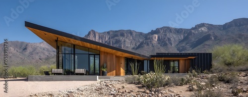 Modern house nestled amongst desert mountains.