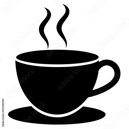 Black Silhouette of Steaming Coffee Cup on Saucer with White Background