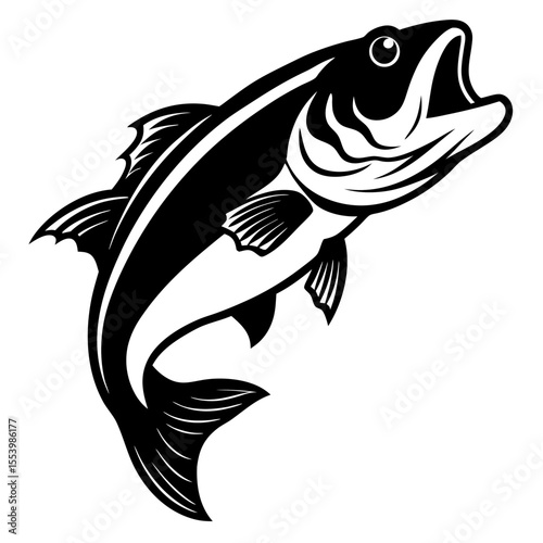 Black and white vector illustration of a jumping bass fish design
