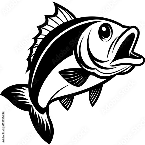 Black and White Bass Fish Jumping Illustration with Open Mouth