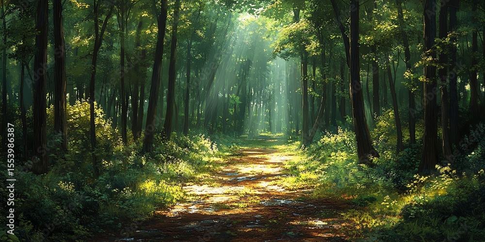 Fototapeta premium Sunlit Forest Path in Lush Green Woods with Dappled Light and Tranquil Atmosphere