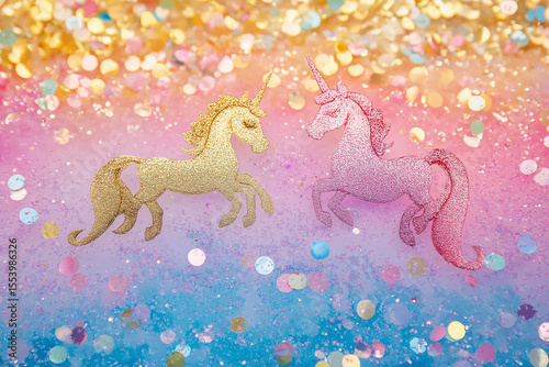 Rainbow color birthday glitter unicorn princess mermaid party pony background little girl fun invite. Rainbow glitter confetti background, unicorns, mermaids perfect for little girls invitations