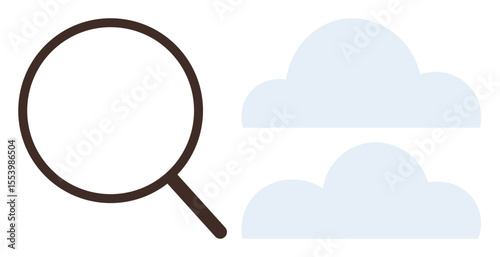 Magnifying glass examining two clouds symbolizing search, discovery, investigation, analysis, and cloud-based technology. Ideal for research, inquiry, innovation, technology navigation