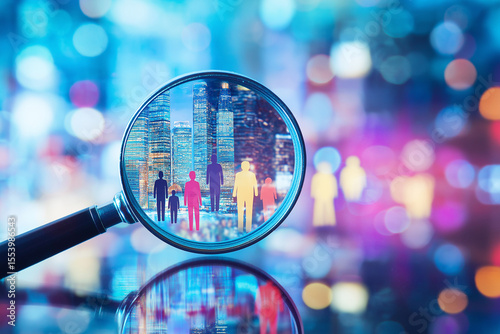 Selecting talented people. Recruitment and employment image. Magnifier and people icons on cityscape background
