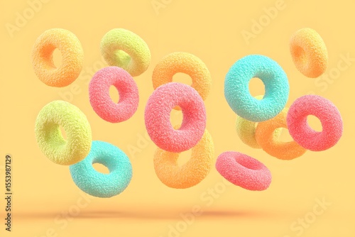 Colorful, fluffy, and perfectly round floating food rings, creating a sense of joy and delight. The vibrant colors and unique texture appeal to the eye