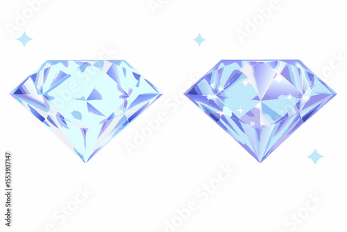 Shiny faceted crystals, diamonds with holographic glow and sparkling highlights are perfect for fantasy themes, game assets and jewelry. Cartoon 3D diamonds, vector graphics