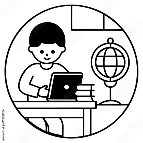 A child sitting at a desk learning on a tablet or laptop at home with books, globe, and colorful decor around, e-learning setup.