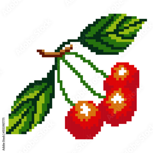 close up of red cherries pixel art. The cherries are small and round, and the leaves are green.