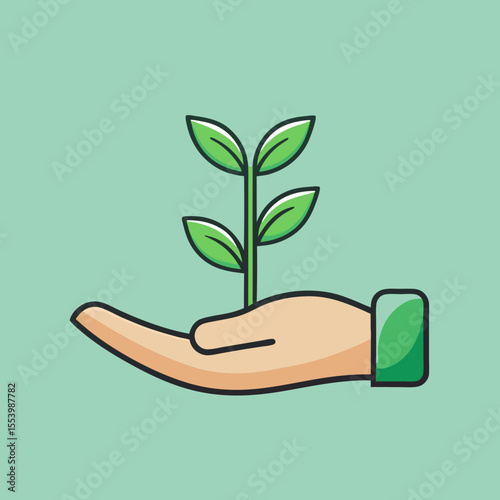 Stylized Hand Holding a Green Sprout with Leaves Illustration.