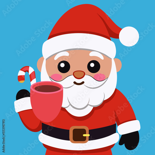 Cute Cartoon Santa Claus with a Coffee Cup and Candy Cane.