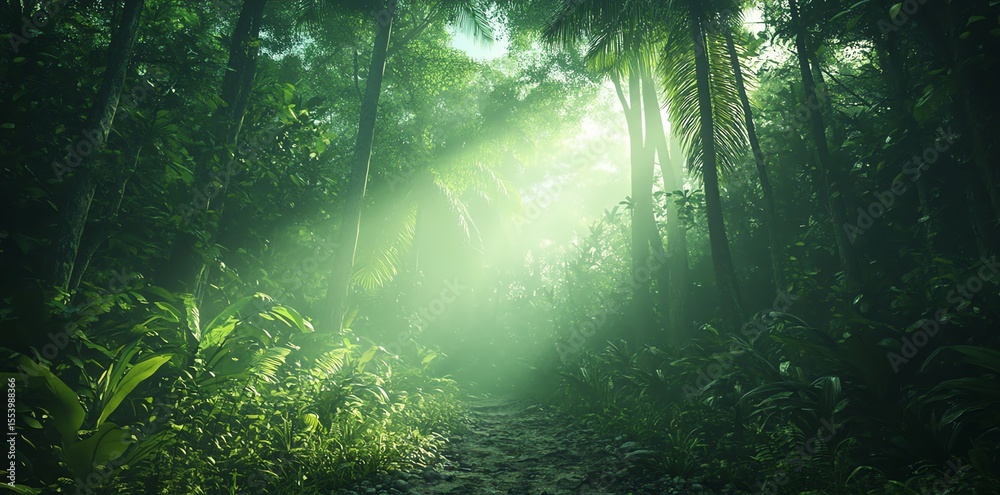 Obraz premium Lush Green Jungle Pathway Sunlight Filtering Through Dense Forest
