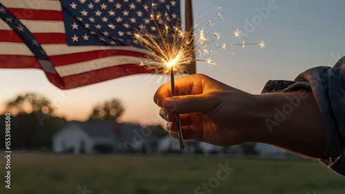 A hand holds a sparkler with an american flag waving in the background at dusk on a summer evening