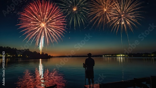 A silhouette watches fireworks over a lake at dusk with reflections on the water and trees in background