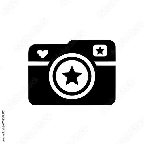 Camera with heart and star symbols inside lens icon representing photography and favorites