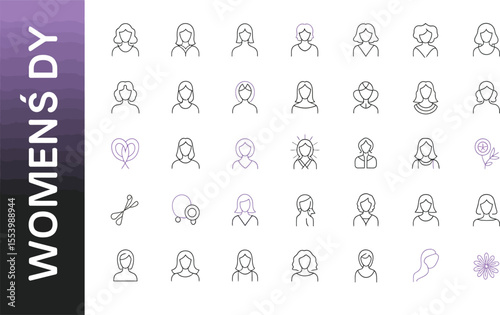 Celebratory Women's Day icons collection for international holiday themes that can be used for web design, logo elements, and other graphic design needs.