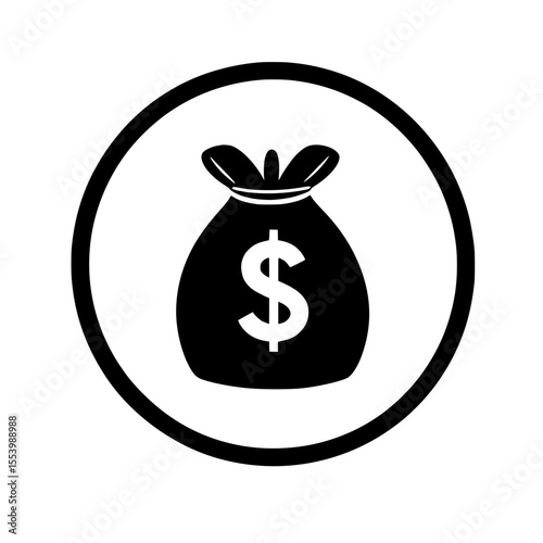 Dollar money bag icon in outlined circle for economic success, income, or financial services