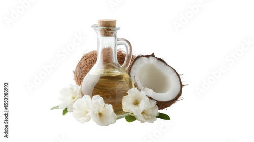 Glass bottle of coconut oil with fresh coconut and white flowers isolated on transparent background