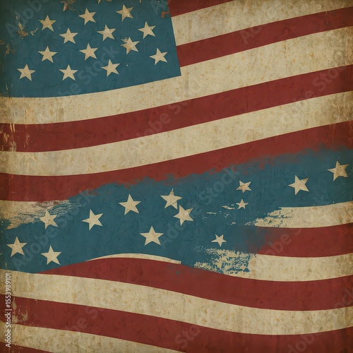 Distressed american flag with red and white stripes and blue field with white stars graphic design