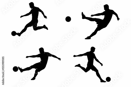 Soccer football player silhouettes set kicking ball and running actions