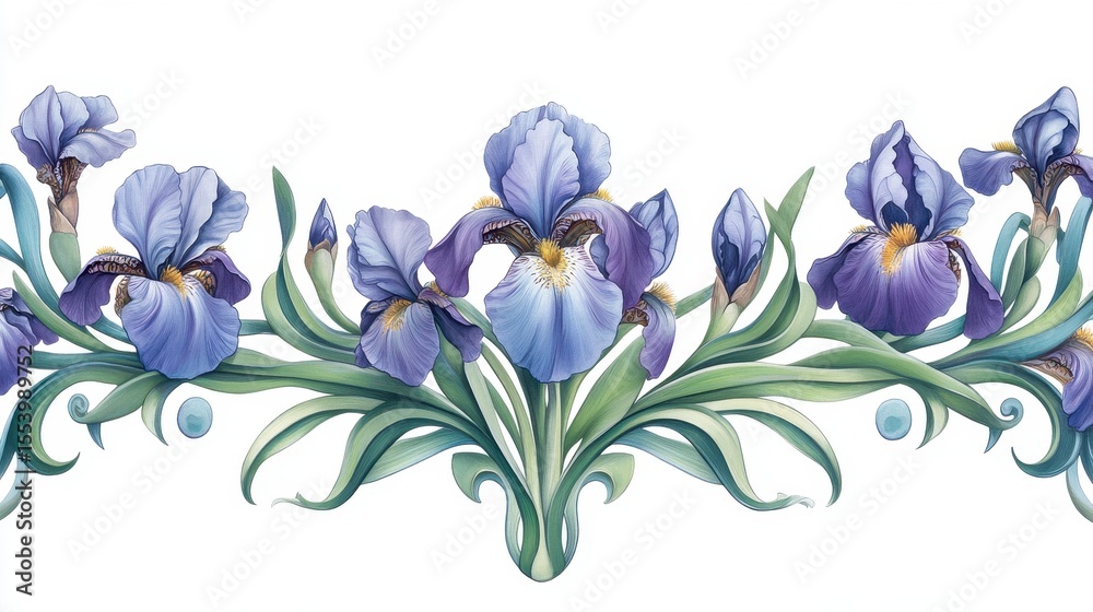 Obraz premium Delicate border of periwinkle irises and decorative foliage.