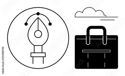 Pen tool symbol with alignment nodes, briefcase, and cloud. Ideal for design, work, career, innovation, creativity technology business. Minimalistic style and a simple flat metaphor