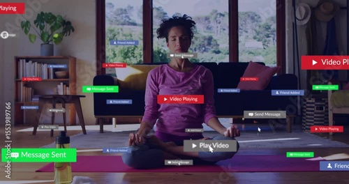 Woman sitting meditating clicking play button and illustrating social media distraction with icons