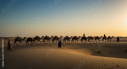 Golden Hour Caravan: A Majestic Camel Trek Across the Arabian Desert