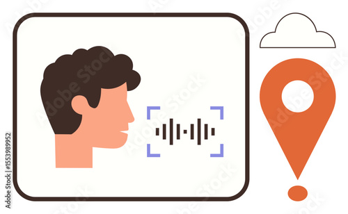 Human profile with sound waves, cloud, and map pin. Ideal for location tracking, voice commands, user support, smart technology, innovation, accessible design simple flat metaphor
