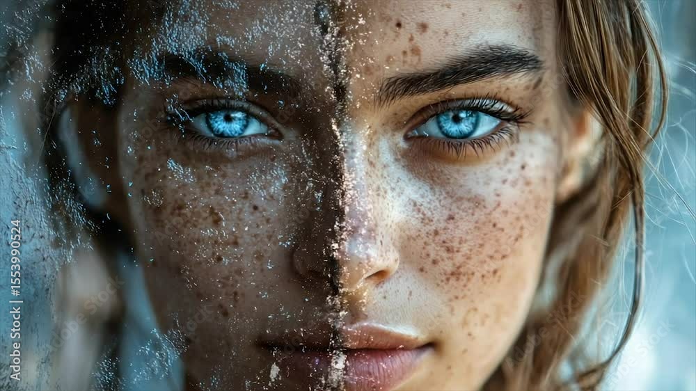 A captivating close-up portrait of a young woman, her face split, showcasing contrasting textures and icy blue tones