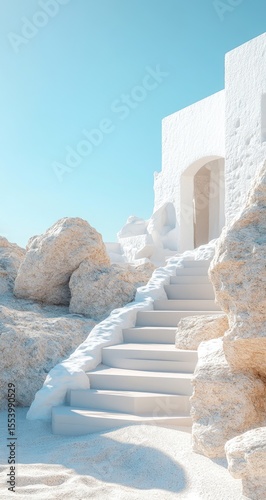 Whitewashed stairs ascend through rocks towards a building under a clear blue sky