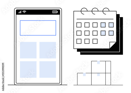 Smartphone screen with grid layout, calendar with marked dates, and block arrangement. Ideal for productivity, scheduling, organization, time tracking, mobile app design, workflow planning simple