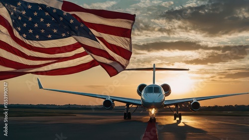 Private jet on runway with american flag waving in the wind at sunset with cloudy sky behind
