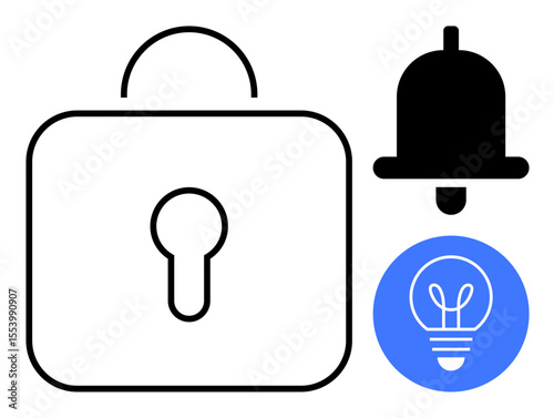 Locked padlock, alert notification bell, and blue circle light bulb icon represent security, notifications, innovation, and ideas. Ideal for digital safety, creativity, awareness brainstorming