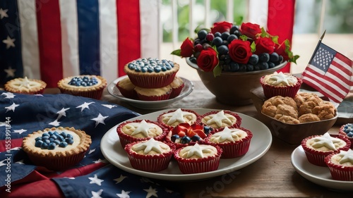 Patriotic desserts with american flag backdrop for fourth of july celebration arrangement scene view