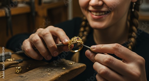 Skilled Goldsmith Carefully Crafts Intricate Gold Ring with Gemstone